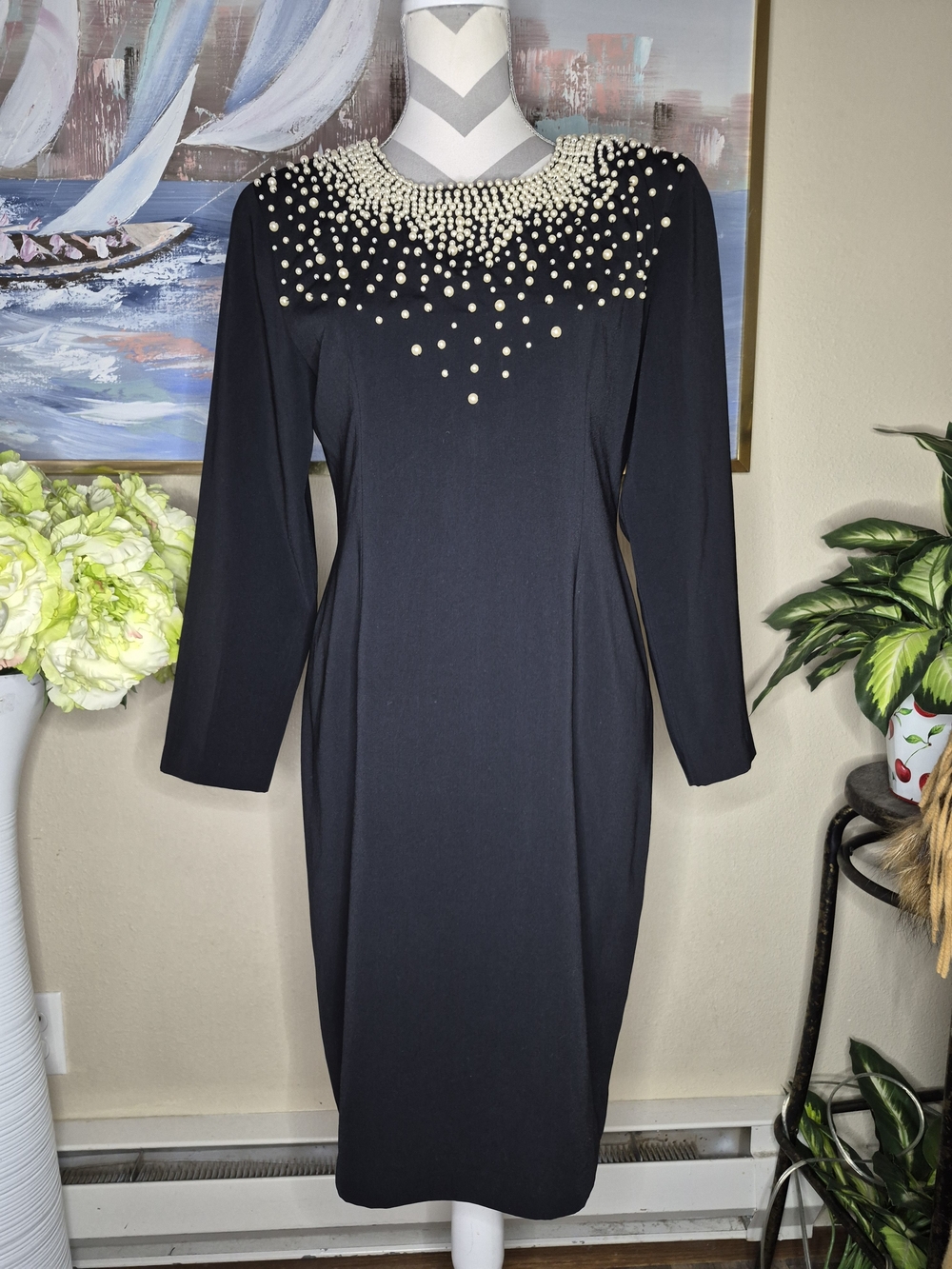 Pearl-Embellished Black Long-Sleeve Dress